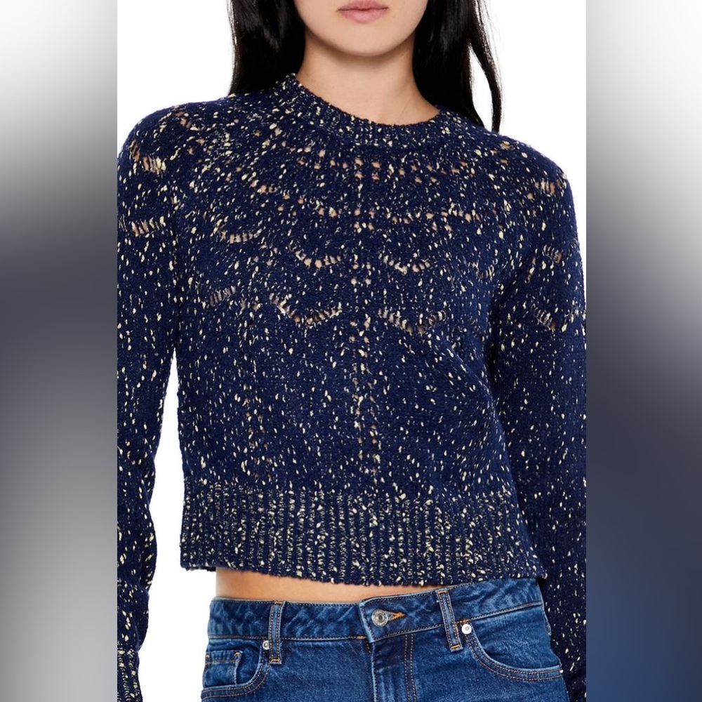 Brand New Navy Blue and Gold Metallic Cropped Knit Sweater Sm.